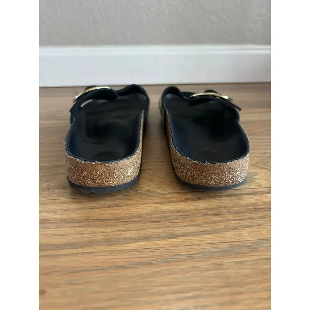 Birkenstock Madrid Big Buckle Sandals Black Leather Slip On Slide Women's Size 7